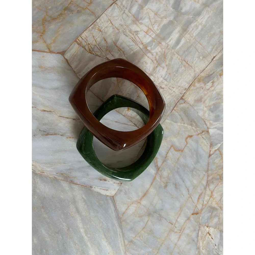 Vintage Style Chunky Square Bangle Bracelet Set Amber Tortoise & Marbled Green - Picture 8 of 8